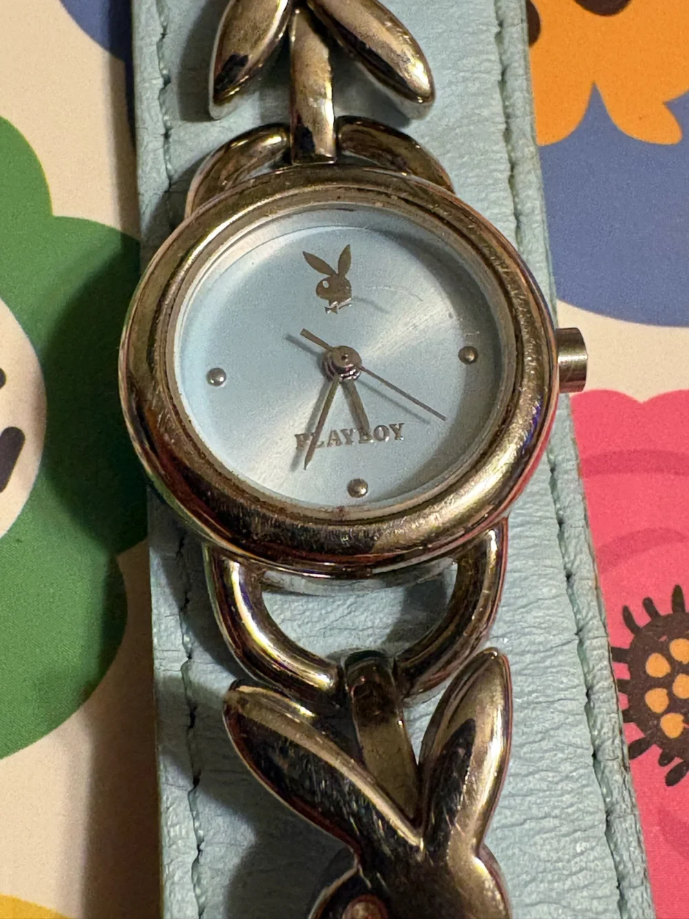 Vintage Y2K 2000s PLAYBOY Light Blue Stainless Steel Faux Leather Bracelet Watch